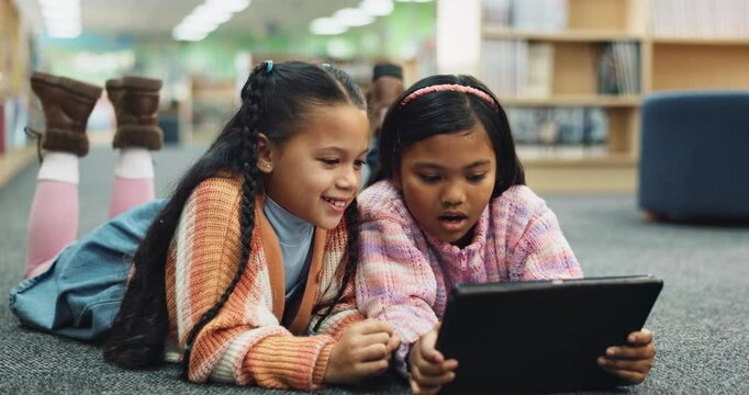 Happiness, children and tablet with library, e learning and online games for language, maths and studying. Kids, tech and knowledge for reading, development and education for growth, playing and fun