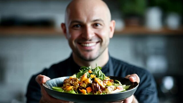 A chef showcases a meticulously prepared dish full of vibrant vegetables and intricate flavors, highlighting culinary skills in a contemporary kitchen.