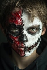 A close-up of a person's face painted with intricate, half-skeleton, half-bloodied mask art, ideal for Halloween, horror, theater, or cosplay themes,