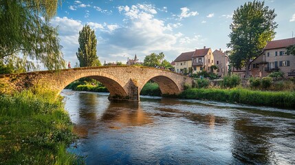 Fototapeta premium Serene sunrise over a historic stone bridge reflecting in a calm river in a quaint village setting
