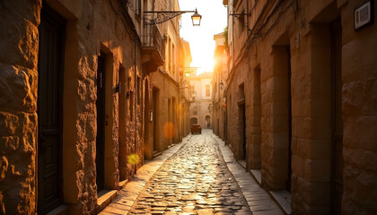 Fototapeta premium Narrow streets of a charming holiday town, lined with colorful buildings and vibrant flowers, inviting visitors to explore