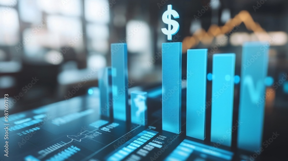 Aufkleber a visual representation of financial growth with bar charts and dollar signs, set against a backdrop