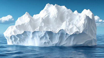 A stunning iceberg floating in calm ocean waters, showcasing intricate textures and a vibrant blue sky.