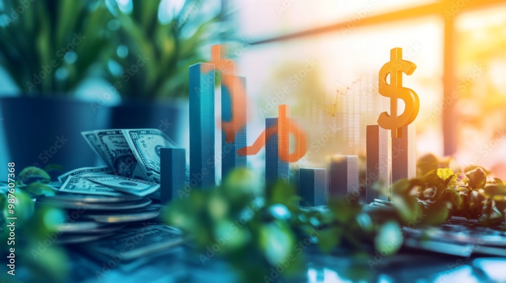 Poster A visual representation of financial growth with bar charts and dollar signs, set against a backdrop of a modern office and financial planning tools, emphasizing economic progress.