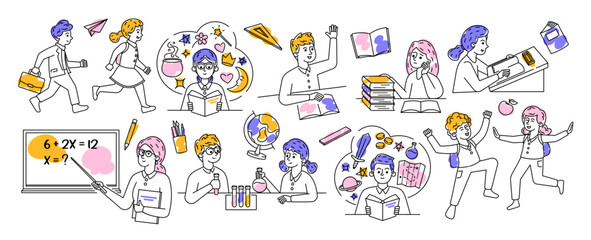 Vector Doodle Characters in Back To School Activities Including Learning, Studying And Writing. Students Reading Books