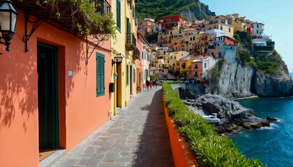 A narrow street along the cliffside in Positano, Italy, lined with colorful buildings cascading down to the Mediterranean Sea, showcasing stunning coastal views
