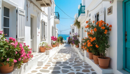 A narrow street in Mykonos, Greece, lined with iconic whitewashed buildings featuring blue doors and windows, with vibrant flowers cascading from balconies under the bright Mediterranean sun