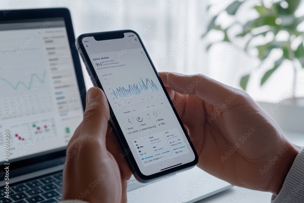 Poster close-up of hands analyzing data on a smartphone app with charts and graphs visible on the screen