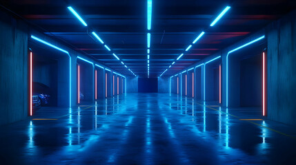 Neon Lights in a Wet Parking Garage - 3D Illustration