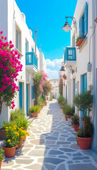 Fototapeta premium A narrow street in Mykonos, Greece, lined with iconic whitewashed buildings featuring blue doors and windows, with vibrant flowers cascading from balconies under the bright Mediterranean sun