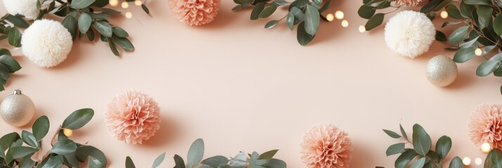 Obraz premium Soft peach and white pom-pom decorations with greenery arranged on a neutral beige background, creating a modern and delicate holiday scene.