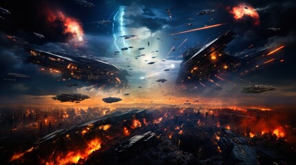 A dramatic scene of a large-scale space battle featuring massive starships, explosions, and laser beams, ideal for sci-fi themes, posters, or video game concepts,