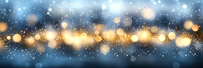 Obraz premium Warm golden bokeh lights scattered against a blue wintery background, creating a magical and festive holiday atmosphere.