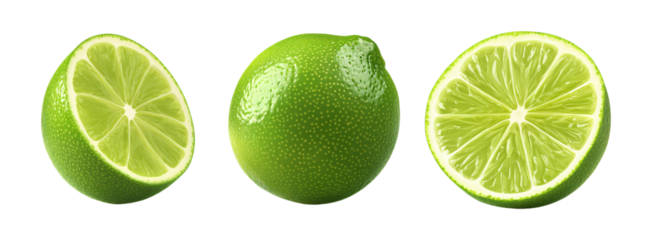 Set of fresh green limes whole and half slice, isolated on transparent background