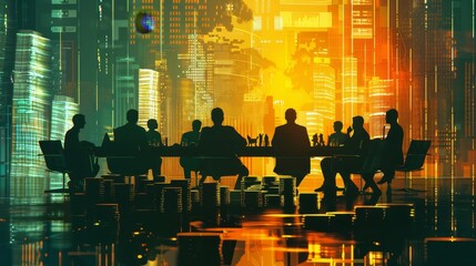 Business professionals analyzing financial trends with digital charts and investment coins