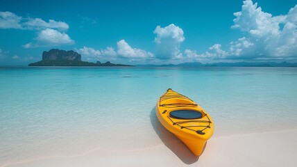 Obraz premium Beachside kayak boat with Poda Island in the backdrop and a clear blue sky