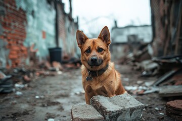 A brown dog with attentive eyes stands amidst the rubble of a deserted urban area, conveying solitude and resilience, perfect for themes of abandonment, survival, and animal welfare campaigns,