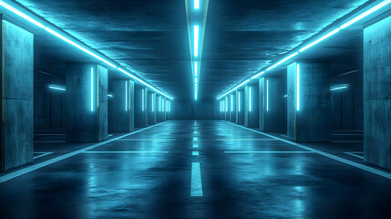 Blue Neon Lights in a Concrete Underground Parking Garage 3D Illustration