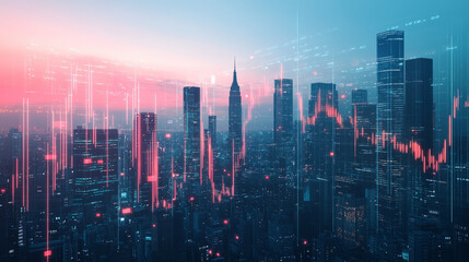 Naklejka premium A city skyline with digital overlays showing stock prices and global market movements