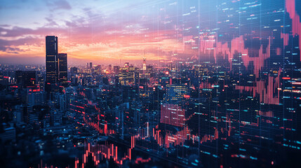 Fototapeta premium A city skyline with digital overlays showing stock prices and global market movements