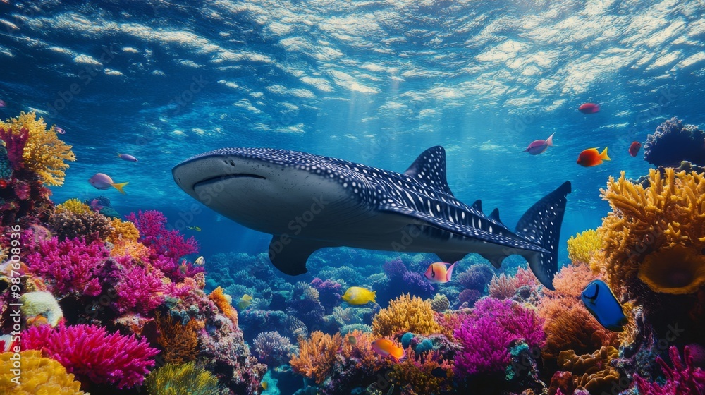 Aufkleber a whale shark gliding past a colorful coral reef, showcasing its impressive size and the diverse mar
