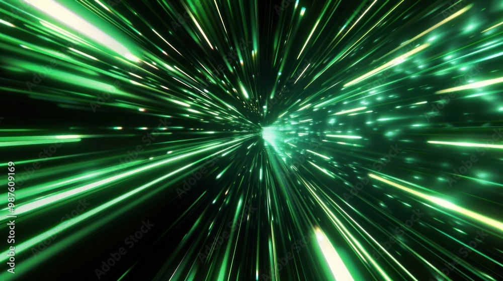 Sticker Abstract green light rays creating a dynamic, fast paced effect, resembling movement through space Dark background enhances the glowing particles