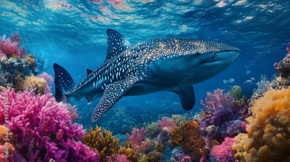 Poster a whale shark gliding past a colorful coral reef, showcasing its impressive size and the diverse mar