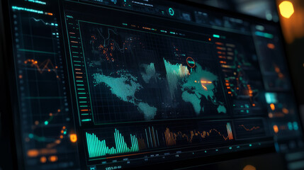 Obraz premium A digital dashboard displaying real-time data on global trade and commodity prices