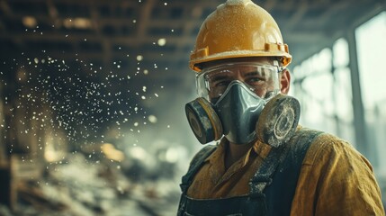 Professional construction worker wearing a high-grade dust mask, surrounded by lot of floating particles of glass wool dust in a construction site