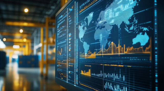 A digital screen displaying global trade routes and shipping data, monitored by a logistics expert