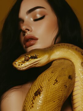 Model with a wild python snake. Fashion portrait. Animal companion. Yellow python snakle and brunette model.