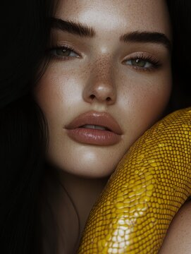 Model with a wild python snake. Fashion portrait. Animal companion. Yellow python snakle and brunette model.