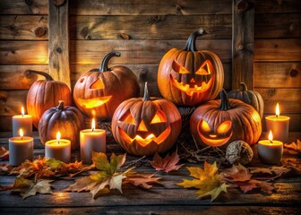 Obraz premium Spooky illuminated jack-o'-lanterns with menacing faces, twisted grins, and hollow eyes sit atop a weathered wooden porch, surrounded by dry leaves and eerie candlelight.