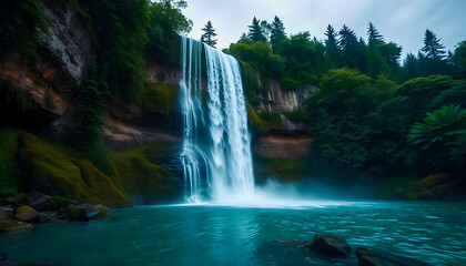 Endless waterfalls defying gravity, flowing upwards into the sky, with shimmering water cascading in reverse over rocky cliffs, surrounded by lush greenery and mist
