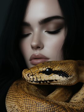 Model with a wild python snake. Fashion portrait. Animal companion. Yellow python snakle and brunette model.