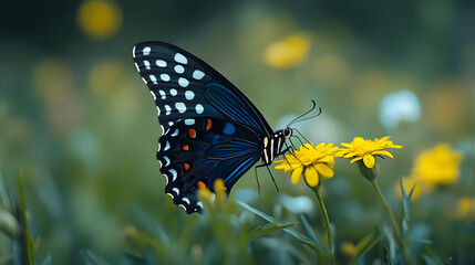 Blue Butterfly on a Yellow Flower - Realistic Illustration
