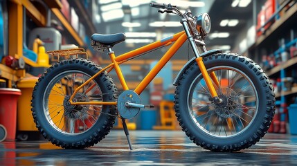 Fototapeta premium A vibrant orange bike stands in a busy workshop, showcasing its sturdy design and striking color in a dynamic environment.