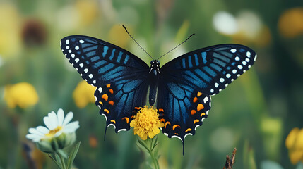 Blue and Black Butterfly on a Yellow Flower