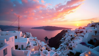 Fototapeta premium Whitewashed houses with blue accents cascade down a hillside, overlooking the sparkling Aegean Sea. The bright sun illuminates the pristine buildings and the azure waters below