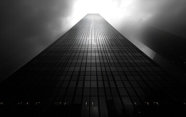 A towering building stretches upward through dark, cloudy skies