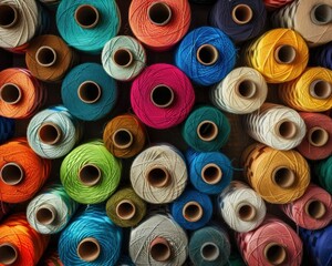 Colorful spools of thread arranged in a vibrant pattern, showcasing various shades and textures against a neutral background