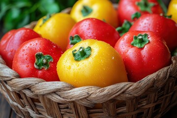 A basket filled with vibrant red and yellow organic bell peppers, moist from recent washing