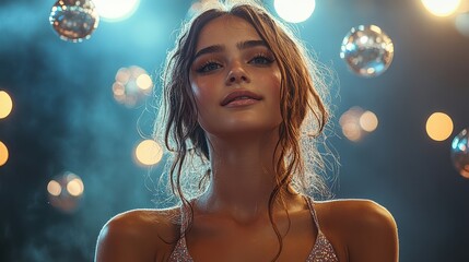 Beautiful Woman with Long Hair Looking Up in a Disco Ball Setting