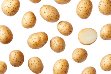 Fresh potatoes isolated on transparent background. Top view. Flat lay pattern