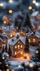 Fototapeta premium Cozy Christmas village with warm glowing lights and snowy rooftops