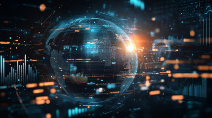 A globe surrounded by digital graphs and charts, representing global economic data and trends