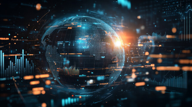 A globe surrounded by digital graphs and charts, representing global economic data and trends