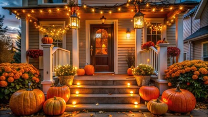 Obraz premium Spooky lanterns, twinkling string lights, and vibrant orange pumpkins adorn a welcoming porch, showcasing autumnal elegance and eerie ambiance in a festive Halloween display.
