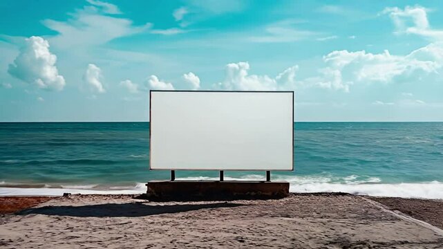 Closeup on blank white billboard by beach. Yor motion advertisement in the beach. Mockup design.