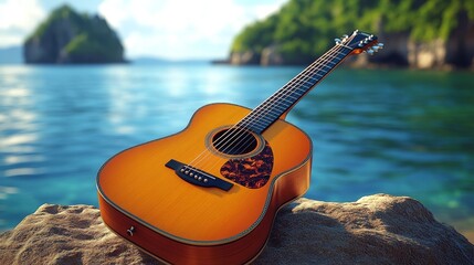 An acoustic guitar on a rock by tranquil water, surrounded by lush greenery, ideal for music and nature-themed projects.
